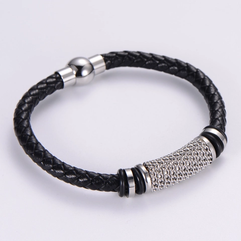 Braided Leather Bracelet Stainless Steel Mesh Tubes Spherical Magnetic Clasp Minimalist Fashion Unisex Jewelry