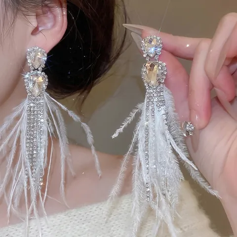 Long Tassel Feather Drop Earrings With Waterdrop Rhinestone And Silver Earring Post Elegant Luxury Fashion For Women
