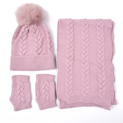 Berretto In Maglia A Trecce Sciarpa E Guanti Senza Dita Inverno Caldo Pompon Donne Accessori All Aperto Cotone