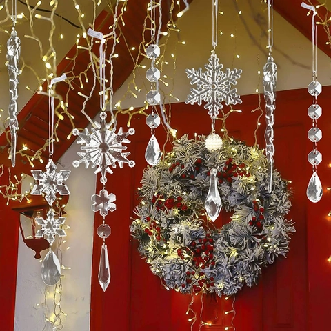 Christmas Snowflake Icicle Hanging Ornaments Acrylic Clear Crystal Look Tree Decorations Festive Party Home Holiday Decor