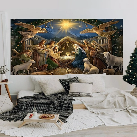 Arazzo Sfondo Natività Natale Poliestere Religioso Decorazione Parete Interno Arredo Festa