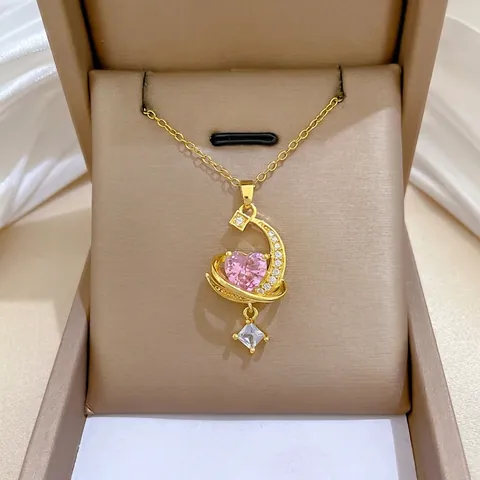 Elegante Mondsichel Anhänger Halskette Für Damen Edelstahlkette Kupfer Rosa Herz Zirkonia Luxusschmuck
