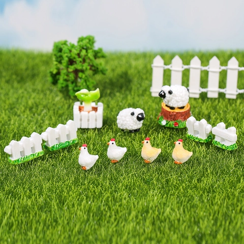 Miniature Resin Farm Animal Figurines Sheep Chicken Fence Tree Stump For Fairy Garden Micro Landscape DIY Terrarium Decor