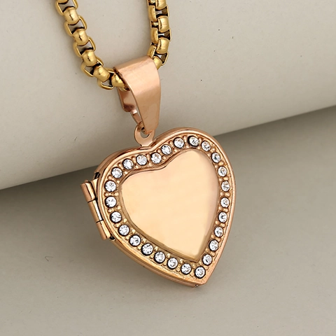 Heart Locket Necklace Stainless Steel Rhinestone Openable Photo Frame Memorial Jewelry For Women Girls Simple Ins Style