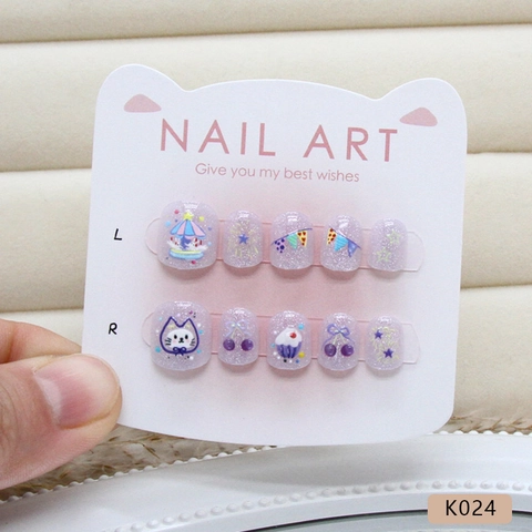 Cartoon Cat Cherry Press On Nails Cat Eye Glitter ABS Plastic False Nails For Kids Girls Sweet Purple