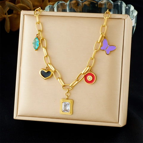 Fashion Pendant Necklace Stainless Steel Gold Plated Colorful Enamel Butterfly Heart Charms For Women Trendy Jewelry
