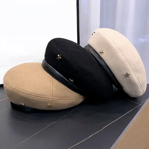 Berretto In Lana Da Donna Con Bordo In Pelle PU Ornamenti In Metallo Stella Ancora Retro Autunno Inverno Caldo Cappello Da Pittore