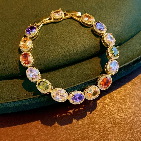 Vintage Oval Multi Color Zircon Bracelet Gold Plated Copper Colorful Gemstone Halo Bangle Women Retro Jewelry
