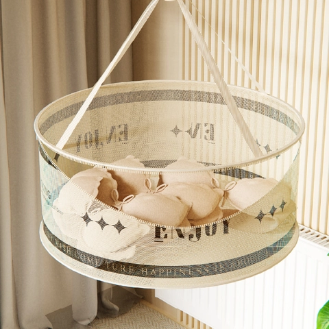 Hanging Drying Basket Breathable Mesh Foldable Windproof Flat Dryer For Sweaters Socks Delicate Clothes Cream Color