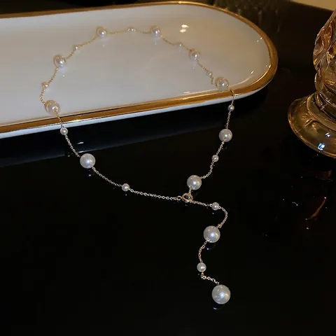 Elegante Collana Di Künstliche Perle A Forma Di Y Lega Lunga Lariat Nappa Gioielli Di Moda Minimalista Donna