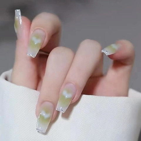 Press On Nails Gradient Green White Coffin Fake Nails With Heart Pattern Silver Glitter Shine Detachable Manicure For Women