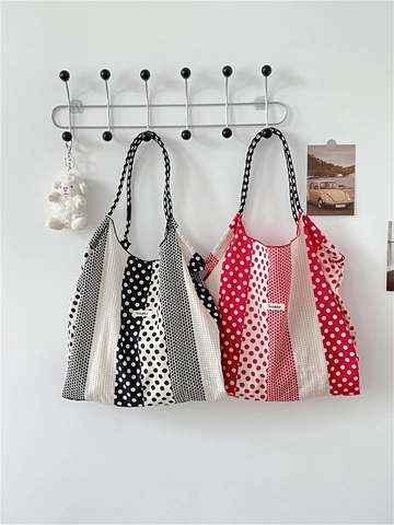 Borsa Tote In Tela Cotone Grande Capacità Motivo A Pois Strisce Borsa A Spalla Francese Casual Retrò Donne