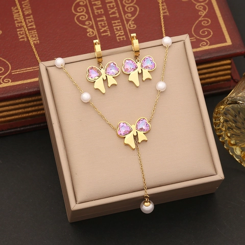 Stainless Steel Bowknot Necklace Bracelet Earrings Faux Artificial Pearl Heart Crystal Elegant Sweet Ribbon Butterfly Pendant