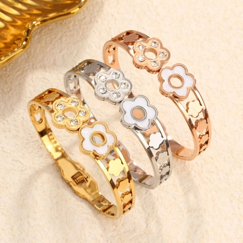 Stainless Steel Floral Hollow Open Bangle Bracelet For Women Gold Silver Rhinestone Enamel Flower Jewelry Gift
