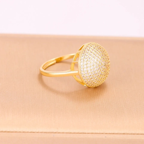 Zirkonia Dicht Besetzter Runder Kuppelring Kupfer Vergoldet Verstellbares Offenes Band Mode Nische Eleganter Schmuck Für Frauen