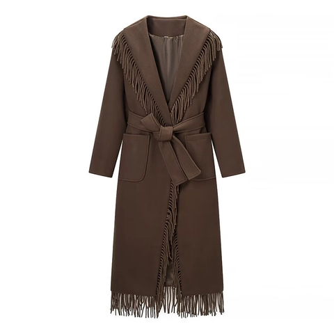 Manteau Long Pour Femme Style Laine Avec Franges Revers Ceinture Style Britannique Automne Hiver