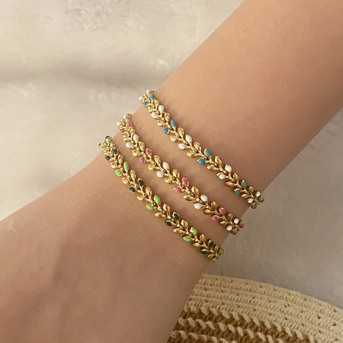Enamel Leaf Bracelet Stainless Steel Gold Plated Colorful Wheat Ear Chain Jewelry For Women Adjustable Elegant Accessory