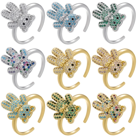 Süßer Teddybär Offener Ring Kupfer Mikroverpflastert Bunter Zirkon Strass Verstellbarer Schmuck Für Frauen Süß