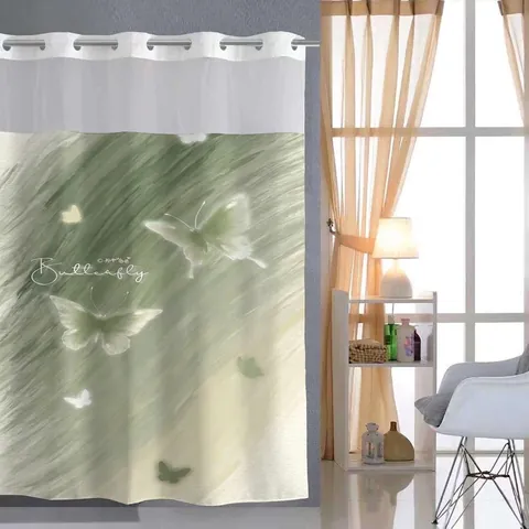 Polyester Wasserdichter Duschvorhang Hakenlose Ringe Abnehmbares Futter Netzoberseite Schmetterling Rose Blumendruck Badezimmer Dekor