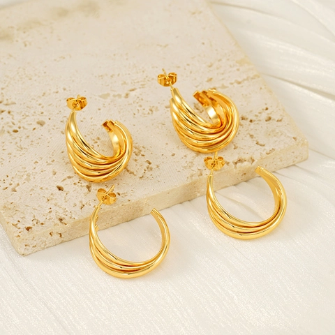 Vintage Geometrische Hoop Oorbellen Multi Layer Twisted C Vorm Roestvrij Staal 18K Verguld Sieraden Voor Vrouwen
