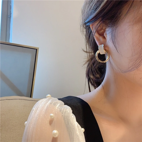 Geometric Double Circle Drop Stud Earrings With Opal And 925 Sterling Silver Earring Post Vintage Trendy For Women