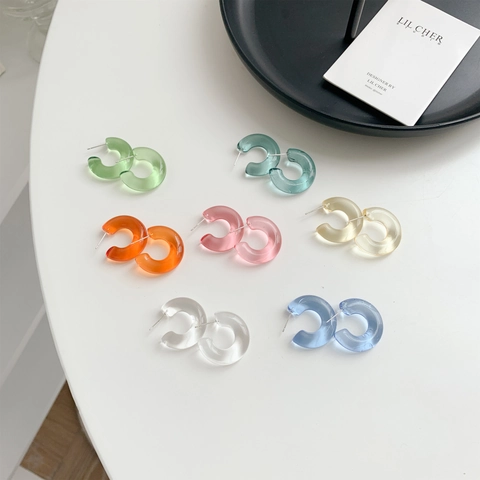 C-Shaped Hoop Earrings For Women Transparent Jelly Color Geometric Resin Jewelry With Stainless Steel Earring Post