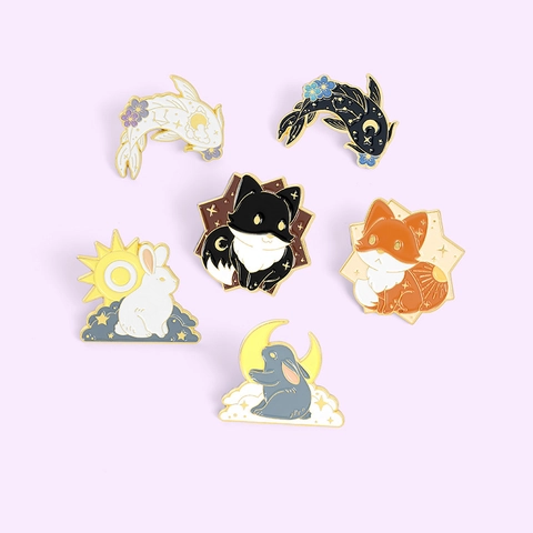 Cartoon Enamel Pin Set Alloy Animal Brooch For Clothing Bags Cute Fox Rabbit Koi Japanese Style Celestial Pin Jewelry Gift