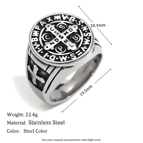 Anello Medaglia San Benedetto Per Uomo Acciaio Inossidabile Croce Religiosa Vintage Retro Sigillo Gioielli Stile Hip Hop