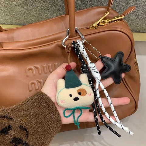 Portachiavi Orsetto In Peluche Con Stella In Pelle PU E Corda Intrecciata Ciondolo Per Borsa Accessori Retro