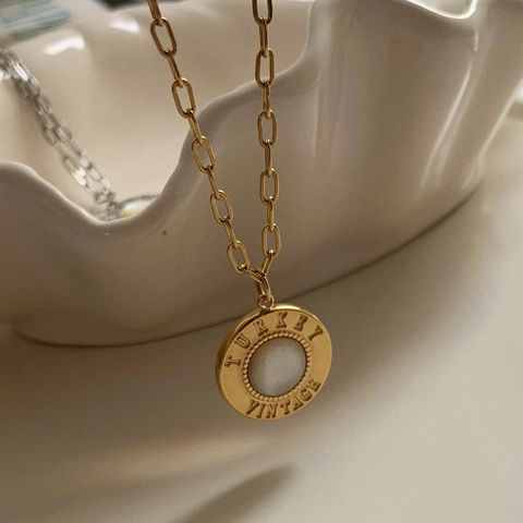 Vintage Stainless Steel Round Pendant Necklace With Mother Of Artificial Pearl Inlay Engraved Lettering Clavicle Chain For Women