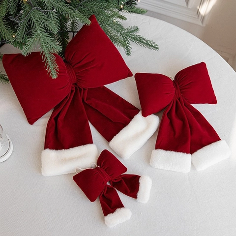 Christmas Red Velvet Bow Decoration Large Hanging Ornament With White Faux Fur Trim Festive Tree Topper