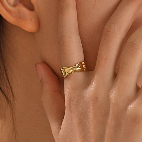 Anello Aperto Geometrico Intrecciato Acciaio Inossidabile Placcato Oro Regolabile Linea Ondulata Gioielli Minimalisti Da Donna