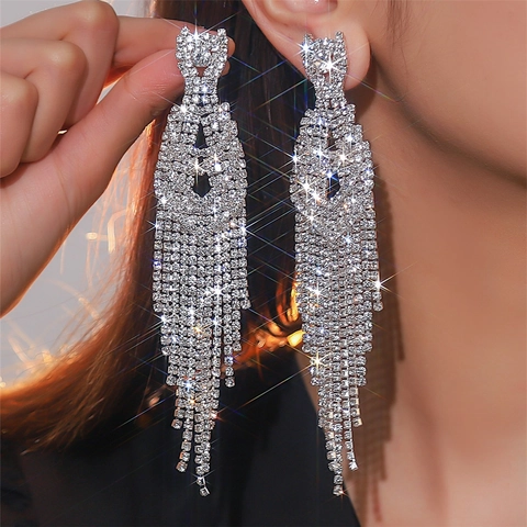 Luxury Rhinestone Long Tassel Drop Earrings For Women Elegant Bridal Wedding Party Geometric Copper Dangle Jewelry Gift