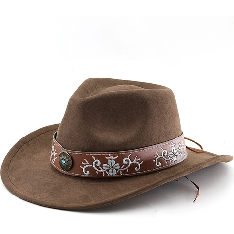 Cappello Da Cowboy Western Finta Pelle Scamosciata Fascia Pelle Ricamata Fibbia Turchese Tesa Larga Vintage Esterno Unisex