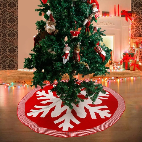 Jupe De Sapin De Noël Tricotée Motif Flocon De Neige Ronde Décoration De Sol Fête Maison Liens