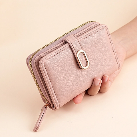 Damen Kurze Geldbörse PU Leder Litchi Muster Große Kapazität Kartenhalter Faltbare Tasche Mit Goldener Metallschnalle