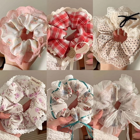 Elegant Lace Satin Scrunchies Floral Bow Ribbon Hair Ties Elastic Ponytail Holder Women Sweet Korean Style Accessories