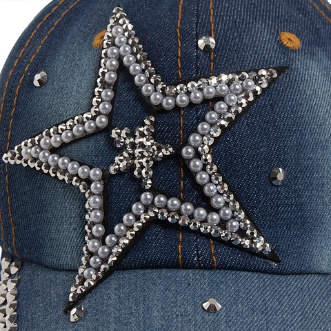 Cappello Da Baseball In Denim Vintage Strass Künstliche Perle Stella Distressed Regolabile Cappello Da Sole Moda Retro Donna