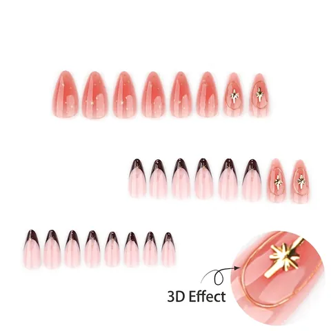 Unghie Finte Press On Forma Mandorla French Tips Marroni Sfumatura Rosa Blush Con Ciondoli A Stella Oro 3D