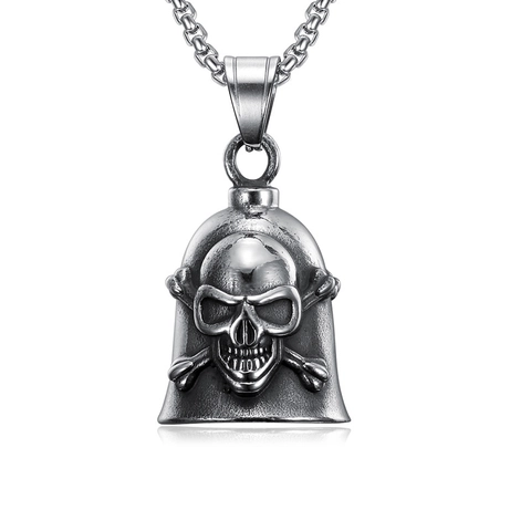 Collana Ciondolo Campana Teschio Acciaio Inossidabile Retrò Lucidato Stile Biker Gotico Accessorio Punk