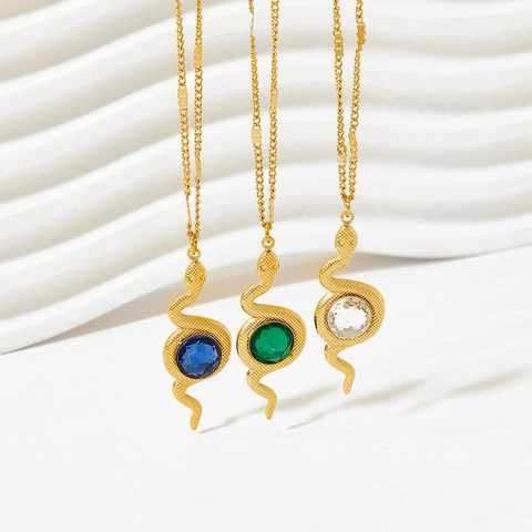 Collana Bracciale E Orecchini A Serpente Acciaio Inossidabile Placcato Oro 14K Pietra Di Vetro Tonda Gioielli Donna