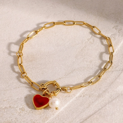Stainless Steel Bracelet 18K Gold Plated Red Heart Enamel Pendant Artificial Pearl Paperclip Chain Elegant Jewelry For Women
