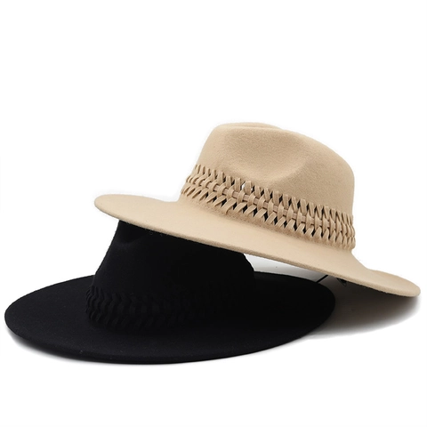 Wool Fedora Hat Wide Brim With Braided Band Elegant Vintage Jazz Style For Men Women Solid Color Versatile
