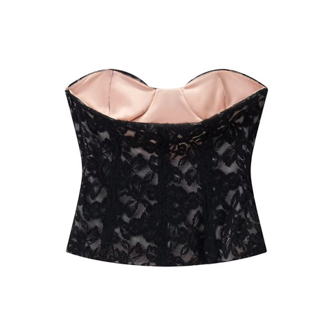 Women Sexy Lace Velvet Bustier Top Vintage Strapless Bone Support Corset Slim Fit Floral Lingerie Party Clubwear