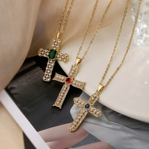Cross Pendant Necklace Gold Plated Copper With Artificial Pearl Zircon Rhinestone Fashion Hip Hop Style For Women