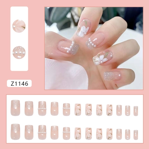 Press On Nagels Frans Zoete Witte Bloem Kunstmatige Kunstparel Glitter Gradiënt Glanzend Vierkant Rond Voor Dames
