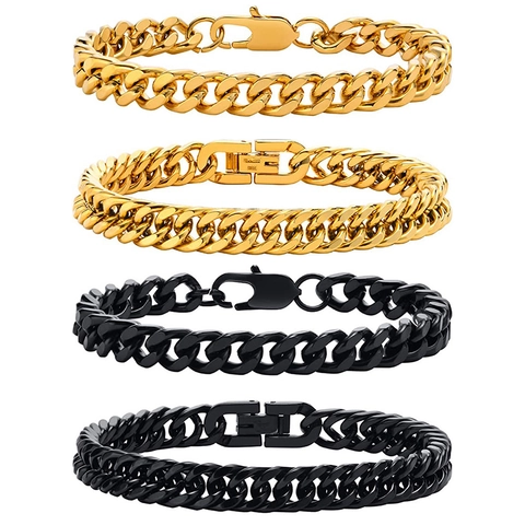 Men Stainless Steel Cuban Link Bracelet Figaro Chain Hip Hop Fashion Jewelry Polished Finish Gold Black Silver Tone
