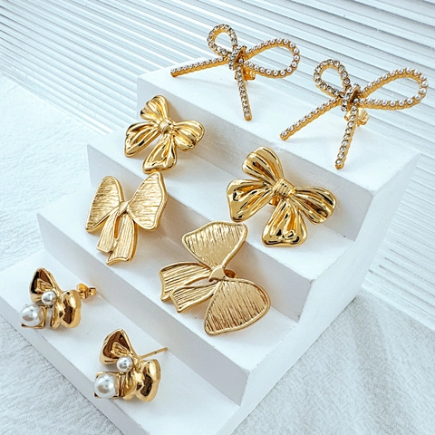 Stainless Steel Bow Stud Earrings Gold Plated With Imitation Artificial Pearl And Rhinestone Non Fading Fashion Jewelry For Women