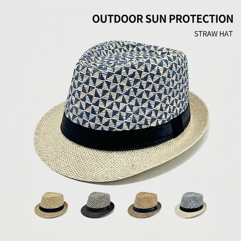 Cappello Fedora In Paglia Di Carta Traspirante Estivo Motivo Geometrico Protezione Solare Spiaggia Jazz Cap Con Nastro Nero