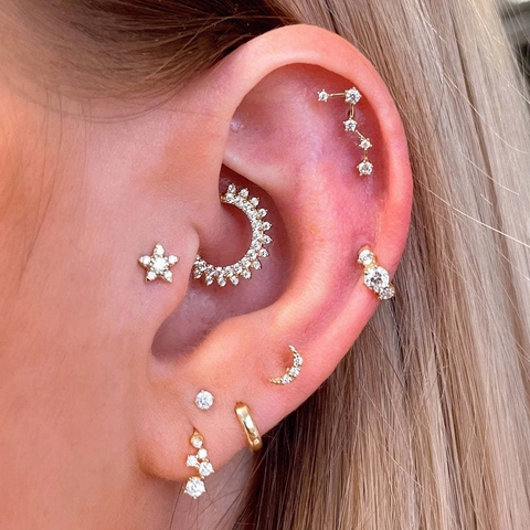Boucles d'Oreilles Clous en Cuivre Zirconia Étoile Lune Fleur Couronne Cartilage Femmes Bijoux Piercing Vis Or Argent